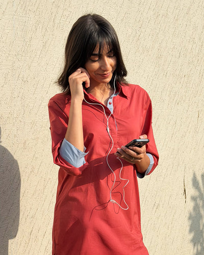 Postcard Co-ord Set in Brick Red