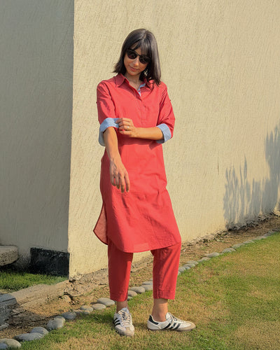 Postcard Co-ord Set in Brick Red