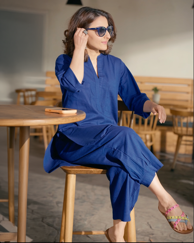 Silver Hoops Kurta Set in Navy Blue