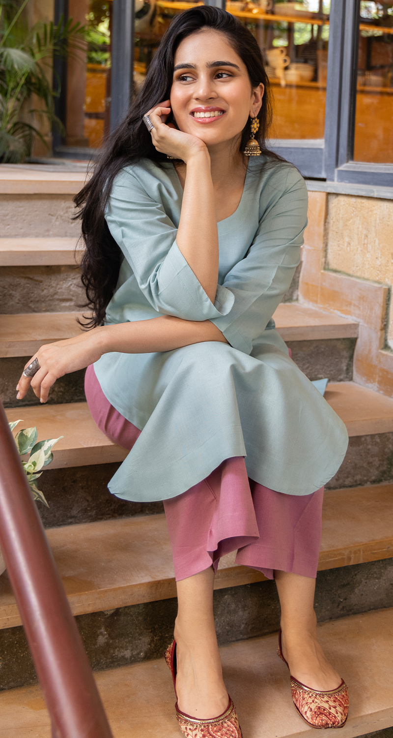 Fairy Lights Kurta Set in Sea Green & Pink