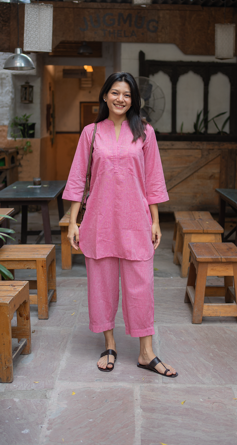 Silver Hoops Kurta Co-Ord Set in Spring Pink