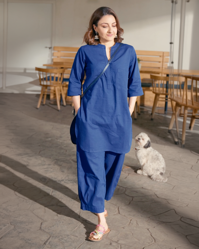 Silver Hoops Kurta Set in Navy Blue