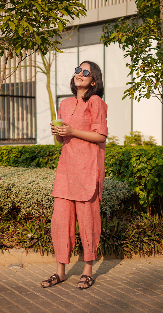 Silver Hoops Kurta in Coral Orange