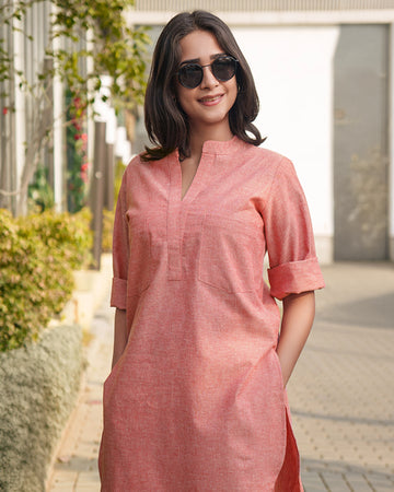 Silver Hoops Kurta in Coral Orange