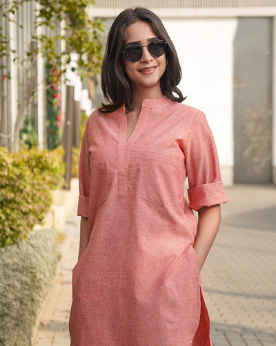 Silver Hoops Kurta in Coral Orange