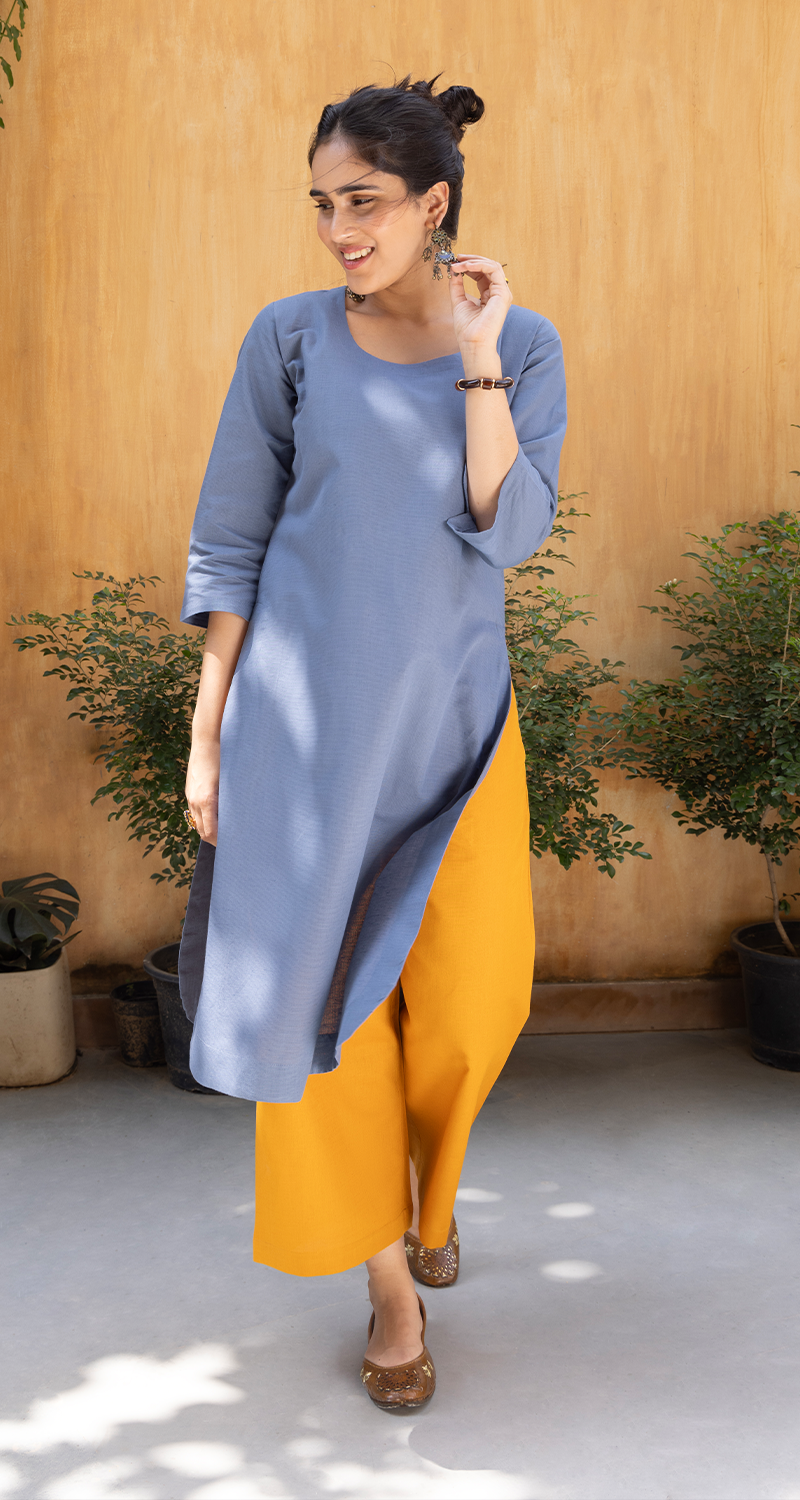 Fairy Lights Kurta Set in Slate Grey & Mustard