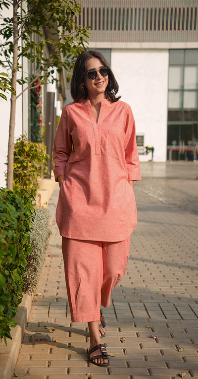Silver Hoops Kurta in Coral Orange