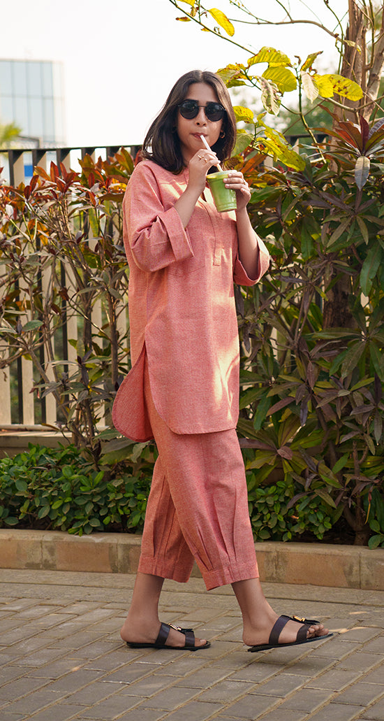 Silver Hoops Kurta Set in Coral Orange