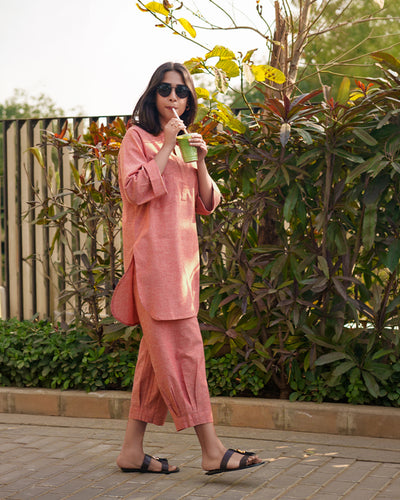 Silver Hoops Kurta Set in Coral Orange