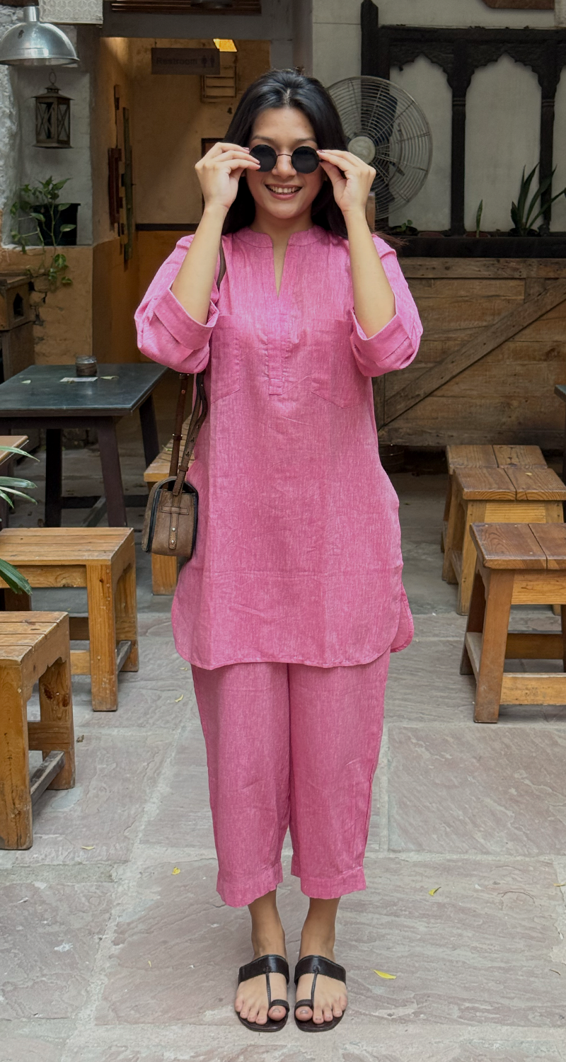 Silver Hoops Kurta Co-Ord Set in Spring Pink