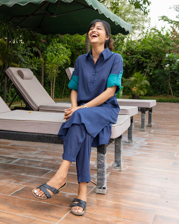 Postcard Co-ord Set in Navy Blue