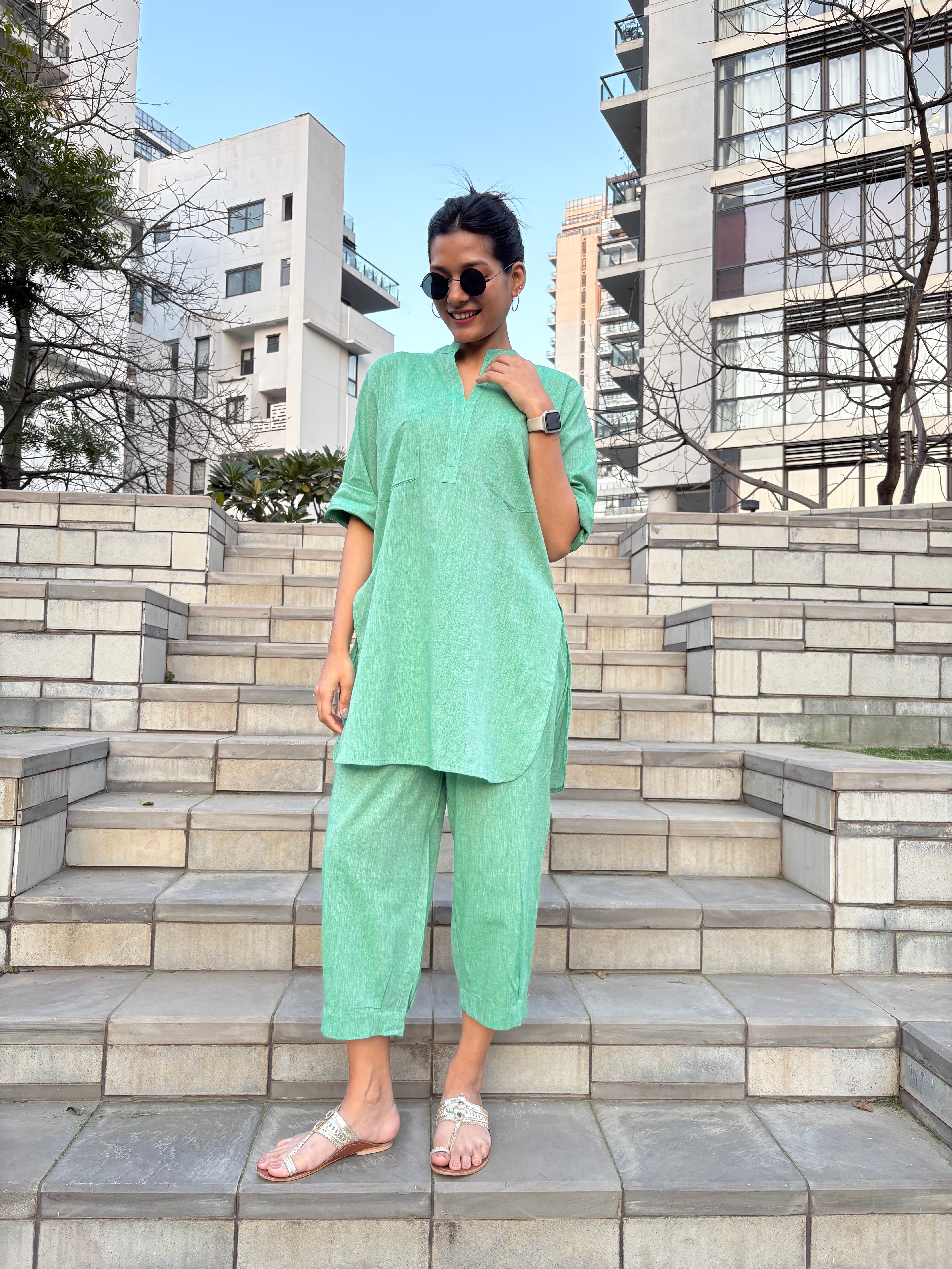 Silver Hoops Kurta in Green