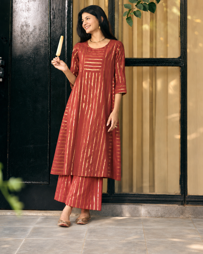 Kaju Katli Kurta Set in Brick Red