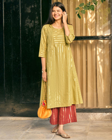 Kaju Katli Kurta Set in Sage Green and Brick Red