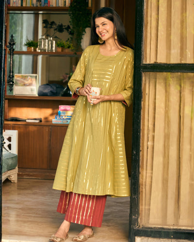 Kaju Katli Kurta Set in Sage Green and Brick Red