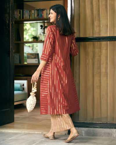 Kaju Katli Kurta Set in Brick Red and Sand