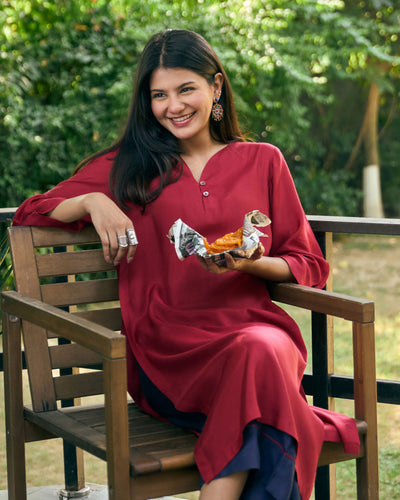 Lifafa Long Kurta Set in Ruby Red