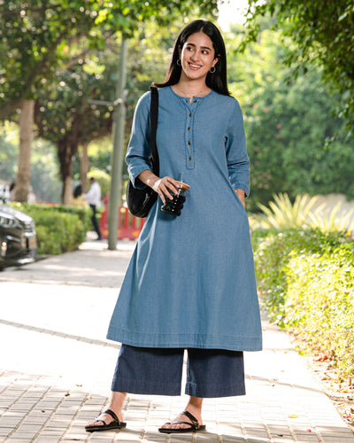 Paper Plane Kurta Set in Denim