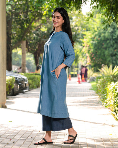 Paper Plane Kurta Set in Denim