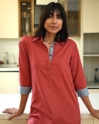 Postcard Kurta in Brick Red
