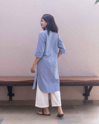 Sudoku Co-ord Set in Slate Blue with Ivory Pants
