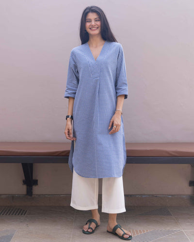 Sudoku Co-ord Set in Slate Blue with Ivory Pants
