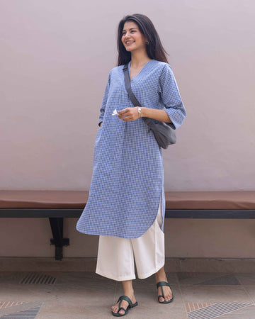 Sudoku Co-ord Set in Slate Blue with Ivory Pants