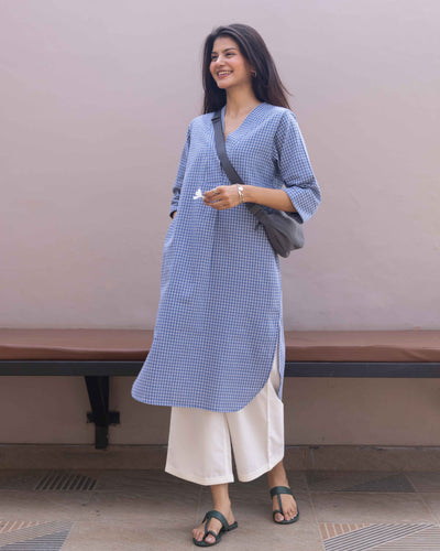 Sudoku Co-ord Set in Slate Blue with Ivory Pants